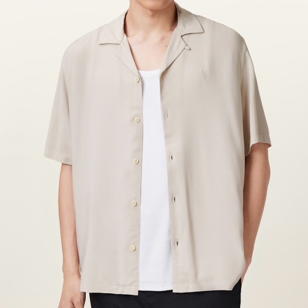 AllSaints Relaxed Fit Hemp Button-Up in Natural Beige